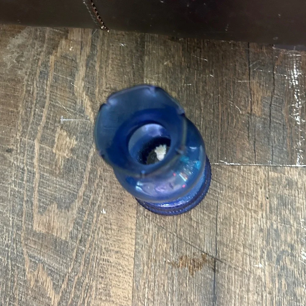 Vintage Cobalt Blue Glass Miniature Oil Lamp Hobnail Base Ruffled Chimney 6 inch